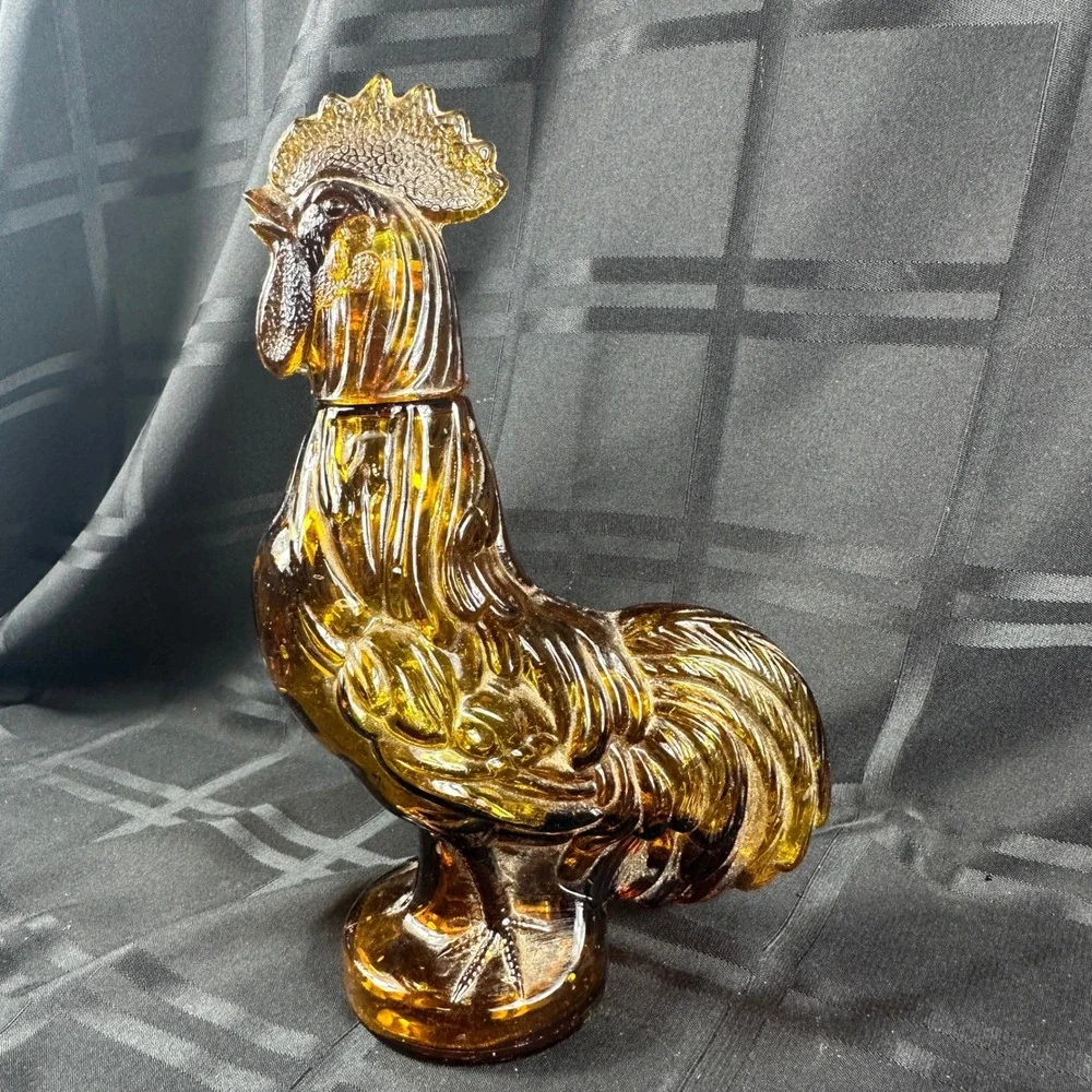 Vintage Amber Glass Rooster Decanter Figurine Mid Century Farmhouse Decor 12.5in